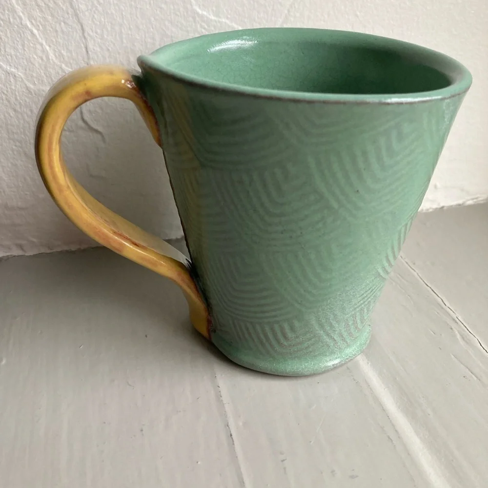 Pottery Mug Artisan Hand Made Flower Decorated- Signed Mandy Baker Clay